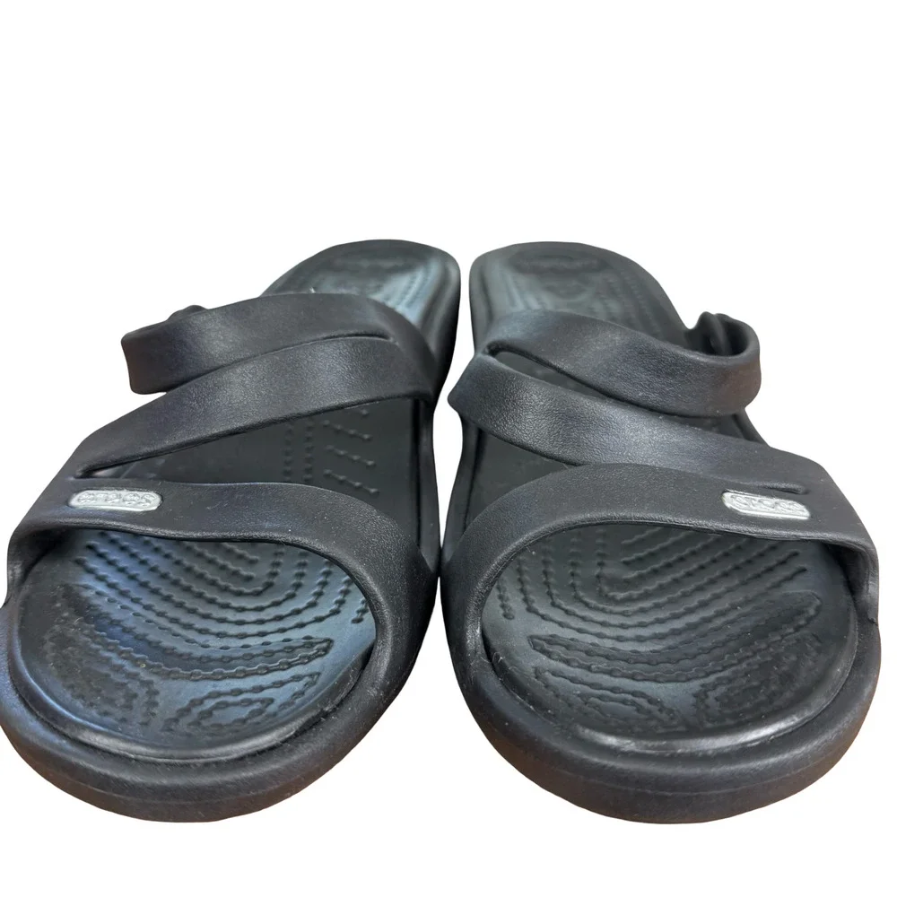 Crocs Patricia Wedge Sandals Black Slip On Slides Strappy Open Toe Shoes sz 8